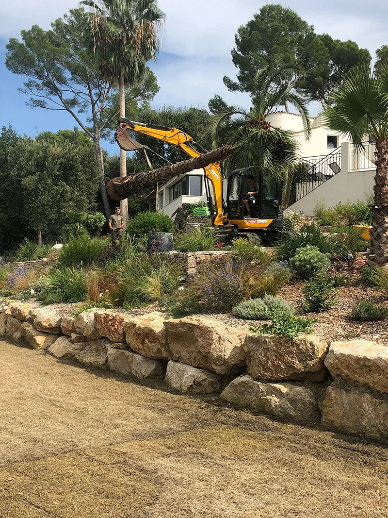 Mini-pelle intervenant dans un jardin paysagé avec murs de soutènement, plantations et surface gravillonnée.