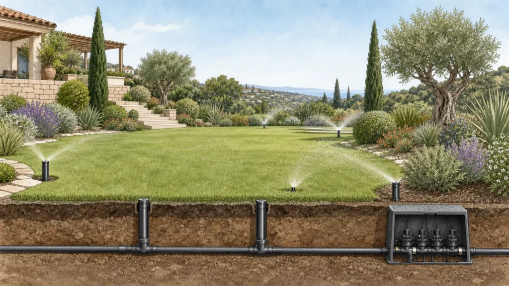Coupe éditoriale d’un jardin méditerranéen montrant un réseau d’arrosage enterré et des arroseurs escamotables