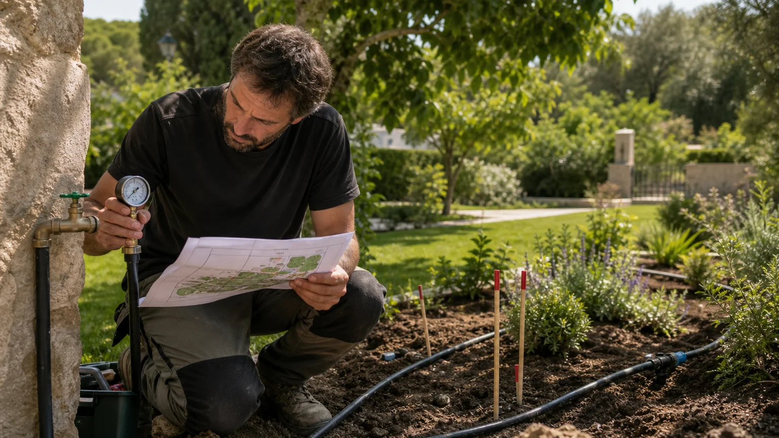 Paysagiste mesurant la pression d’un réseau d’eau avant la préparation d’un arrosage enterré