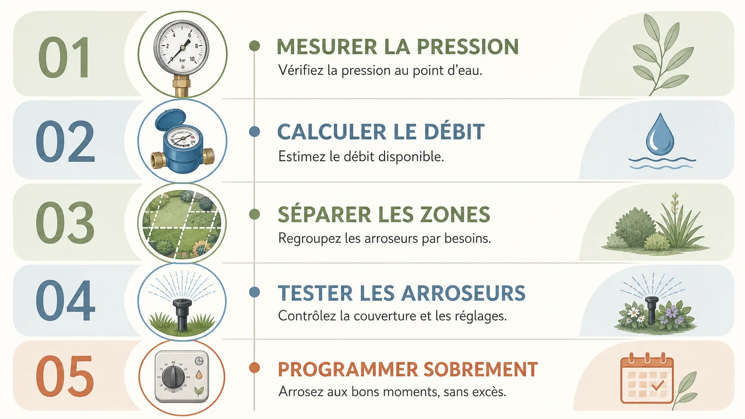 Infographie en français présentant cinq étapes pour concevoir et régler un arrosage automatique enterré