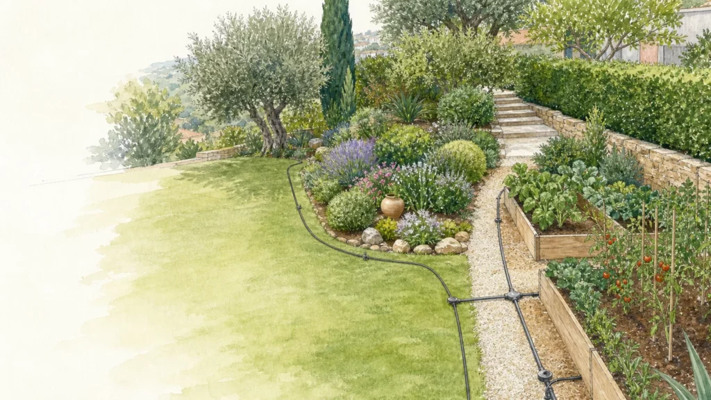 Jardin méditerranéen organisé en plusieurs zones d’arrosage