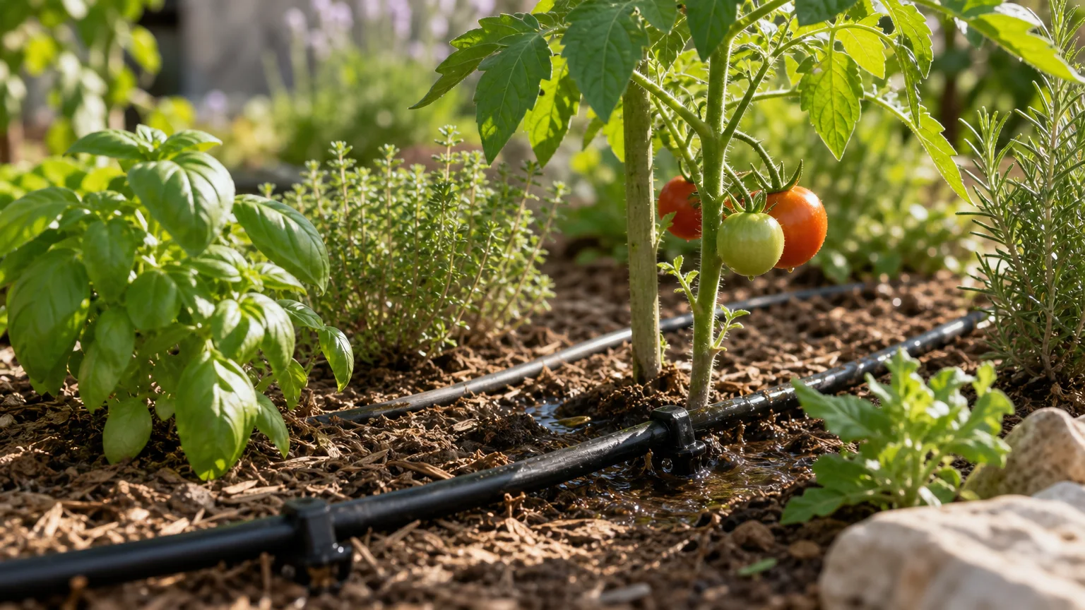 Tuyau de goutte-à-goutte installé au pied de plantations
