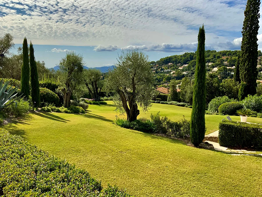 Jardin en pente avec pelouse, cyprès, oliviers et arbustes taillés, sur fond d’habitations à flanc de colline.