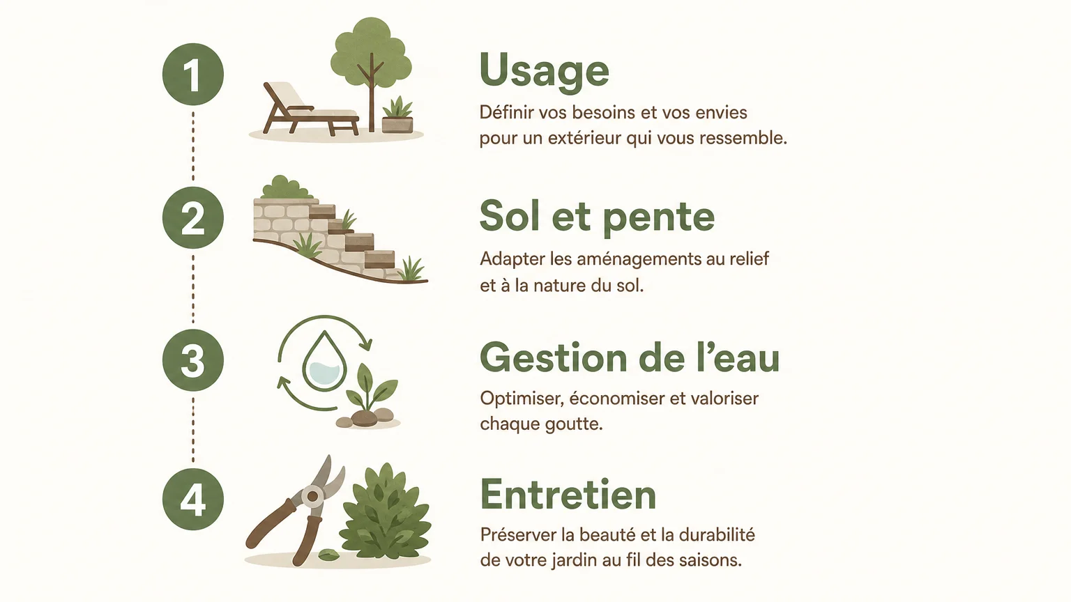 Checklist illustrée des critères à vérifier pour choisir un revêtement d’allée : usage, sol et pente, eau, entretien.
