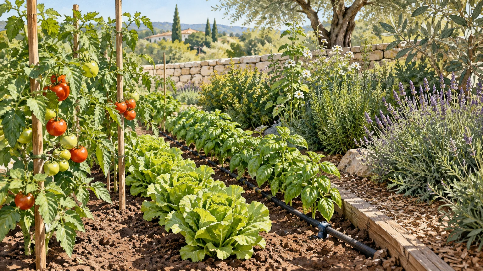 Tuyau de goutte-à-goutte installé au pied des rangs d’un potager.