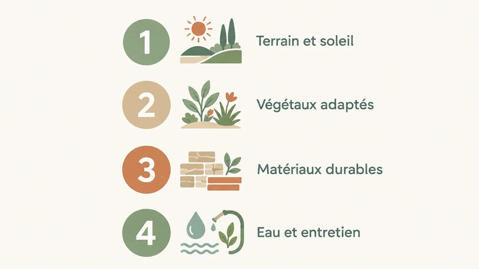 Infographie des critères de conception : terrain et soleil, végétaux adaptés, matériaux durables, eau et entretien.