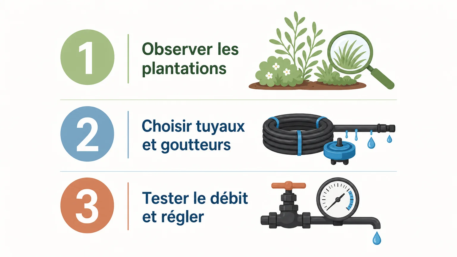 Trois étapes pour préparer et régler un réseau de goutte à goutte