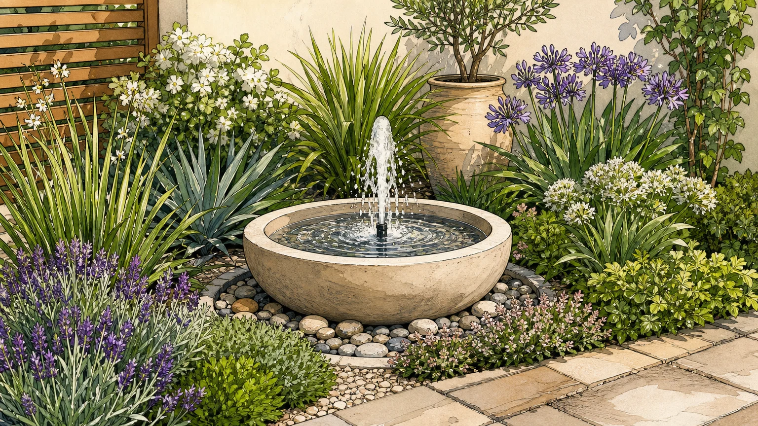 Montrer une fontaine compacte et décorative avec un jet d’eau entouré de plantations