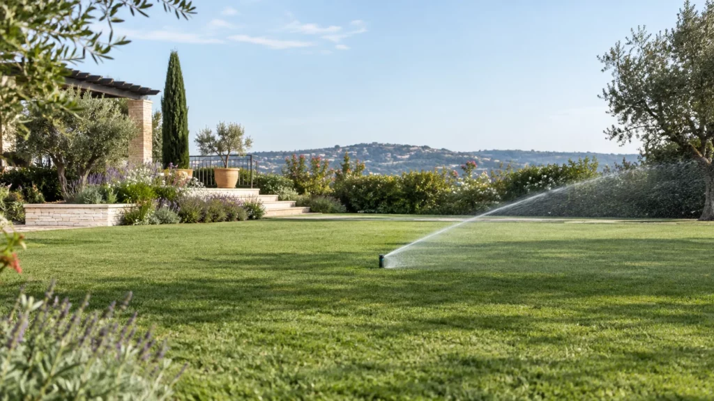 Arroseur escamotable en fonctionnement sur une pelouse de jardin paysager