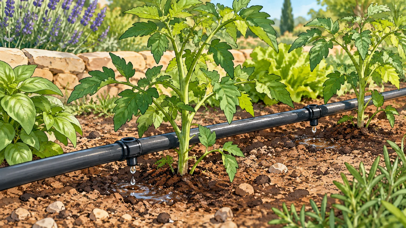 Tuyau de goutte-à-goutte posé au pied de jeunes plants dans un potager