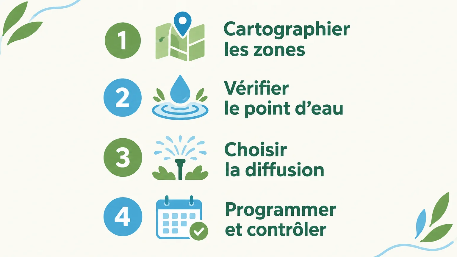 Infographie des quatre vérifications pour préparer un arrosage automatique