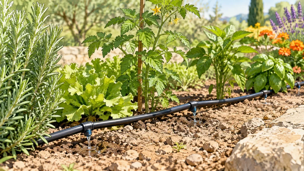 Tuyau de goutte-à-goutte avec goutteurs au pied de plantes dans un jardin méditerranéen