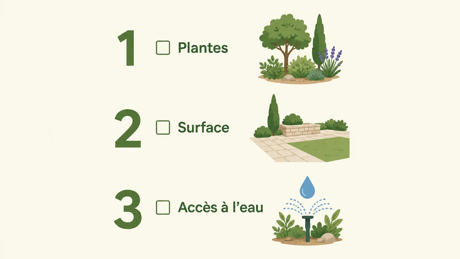 Infographie avec trois critères de choix : plantes, surface et accès à l’eau