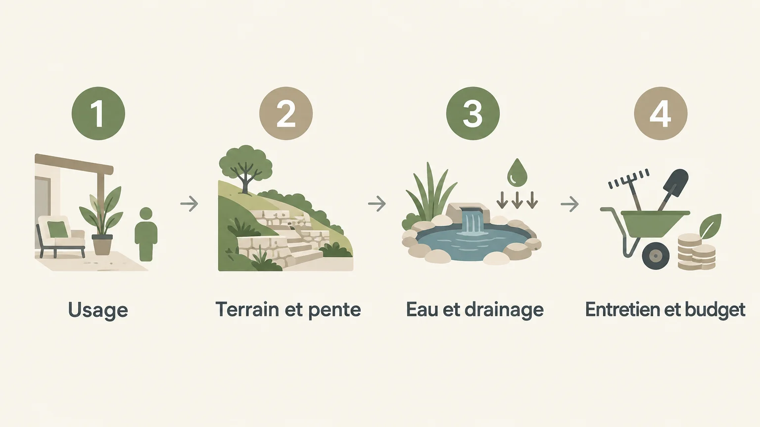 Infographie des quatre critères pour choisir un chemin de jardin : usage, terrain et pente, drainage, entretien et budget.