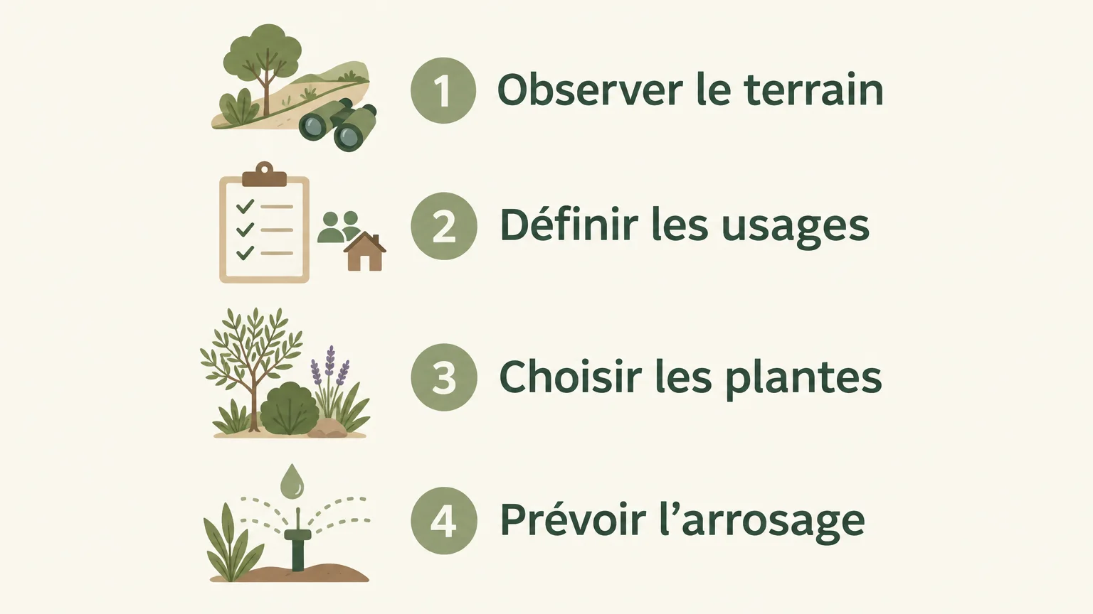 Checklist illustrée des étapes pour aménager un jardin, de l’observation du terrain à la prévision de l’arrosage