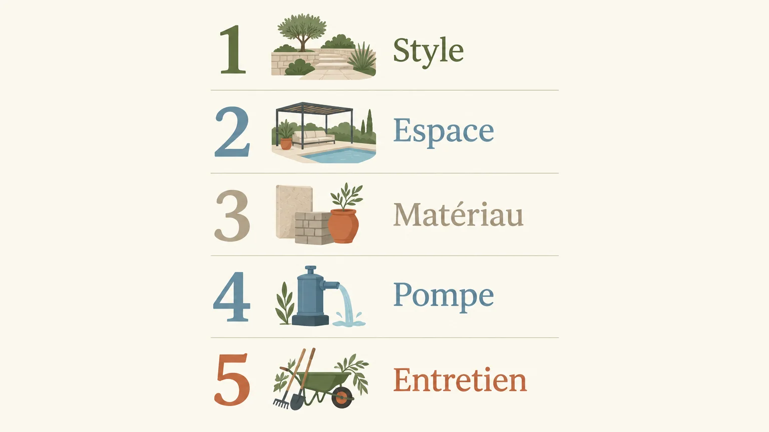 Infographie présentant cinq critères pour choisir une fontaine de jardin : style, espace, matériau, pompe et entretien.