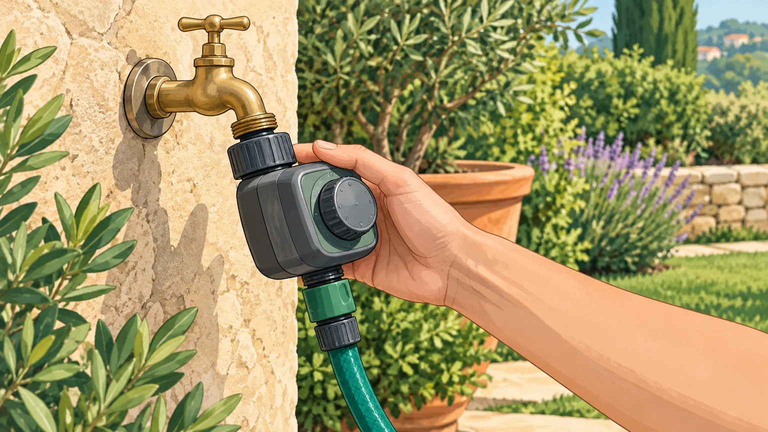Main raccordant un programmateur d’arrosage à un robinet de jardin