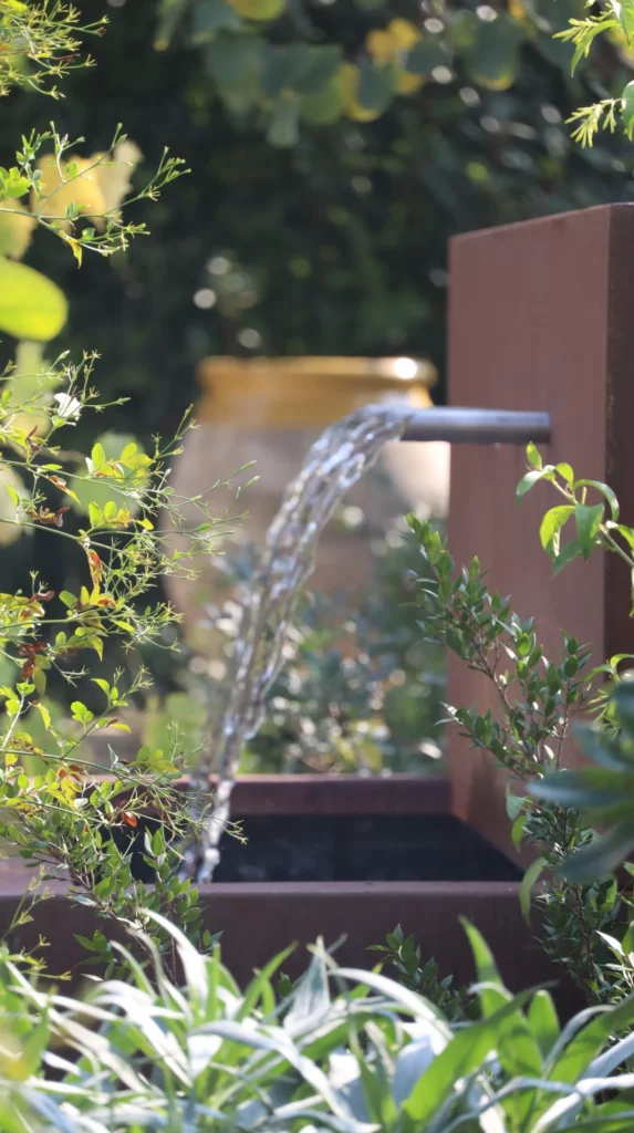 Élément aquatique de jardin avec de l’eau qui coule d’un bec horizontal dans un bassin rectangulaire sombre entouré de feuillage dense